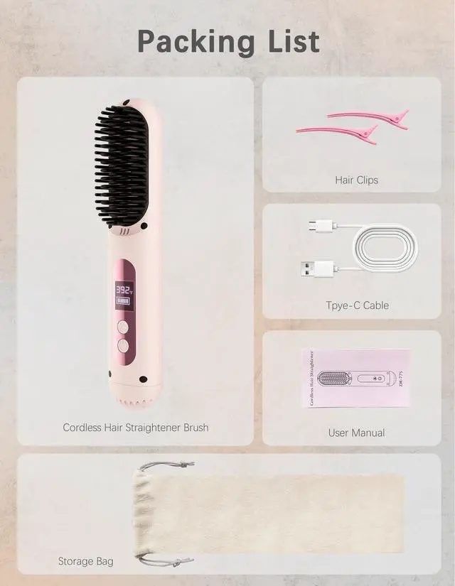 Alt view image 7 of 7 - Cordless Hair Straightener Brush,Portable Hair Straightener,Pink