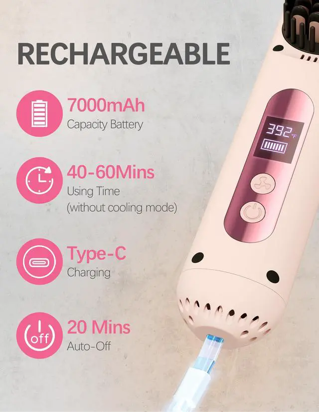Alt view image 4 of 7 - Cordless Hair Straightener Brush,Portable Hair Straightener,Pink
