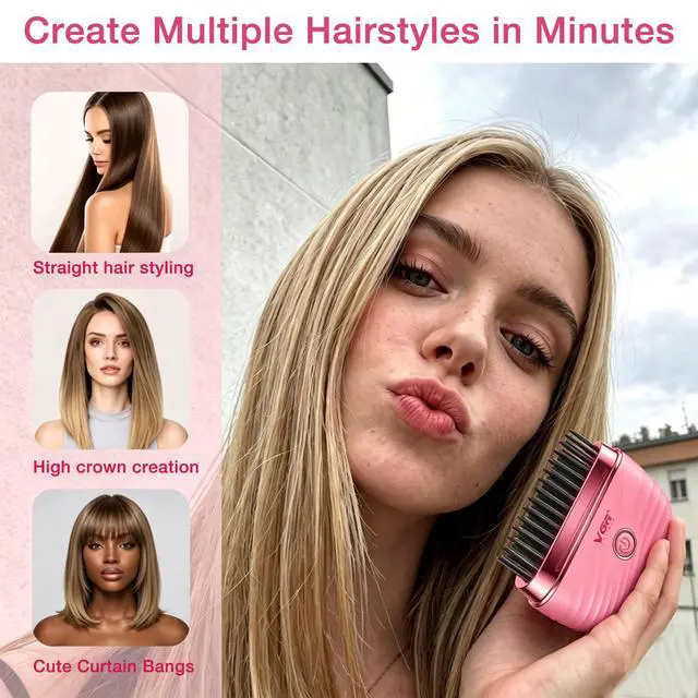 Alt view image 6 of 7 - 587 Mini Hair Straightener Comb with 2 Heat Settings, Pink