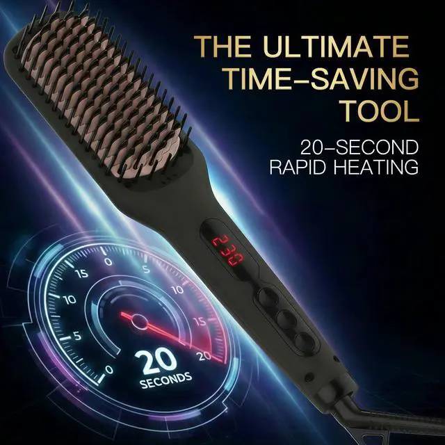 Alt view image 2 of 7 - Hair Straightener Brush, Ionic Ceramic Hair Straightening Brush for Frizzy Thick Hair, Heated Straightening Brush with MCH Fast Heat-Up, Anti-Scald, Auto Shutoff, Dual Voltage, Black