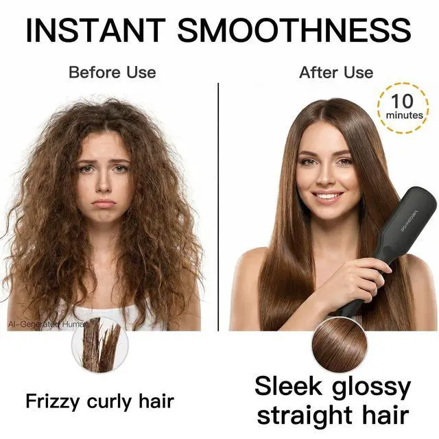 Alt view image 3 of 7 - Hair Straightener Brush, Ionic Ceramic Hair Straightening Brush for Frizzy Thick Hair, Heated Straightening Brush with MCH Fast Heat-Up, Anti-Scald, Auto Shutoff, Dual Voltage, Black