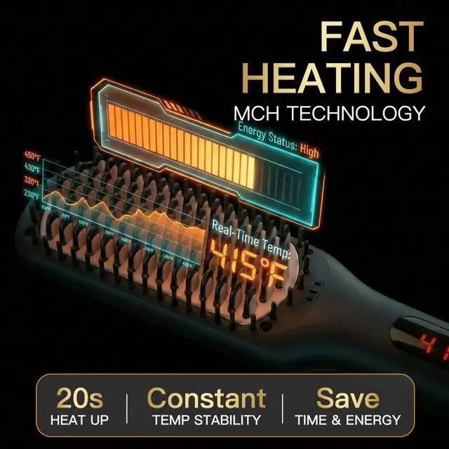 Alt view image 4 of 7 - Hair Straightener Brush, Ionic Ceramic Hair Straightening Brush for Frizzy Thick Hair, Heated Straightening Brush with MCH Fast Heat-Up, Anti-Scald, Auto Shutoff, Dual Voltage, Black