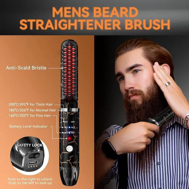 Alt view image 3 of 7 - Beard Straightener for Men, Cordless Heated Beard Brush, Portable Beard Hot Combs, Ionic Mini Hair Straightener with 3 Temp Settings, Coarse Curly Hair Brush, Grooming Kit for Men