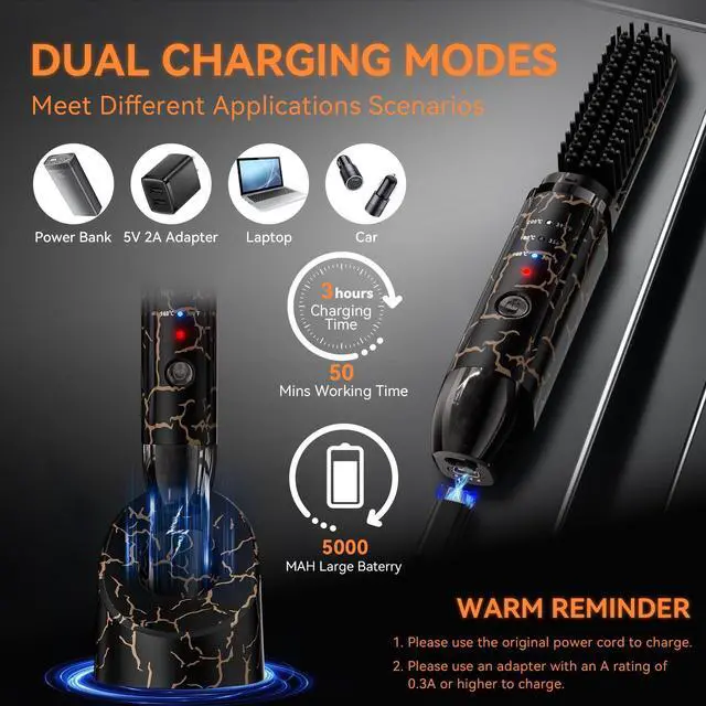 Alt view image 4 of 7 - Beard Straightener for Men, Cordless Heated Beard Brush, Portable Beard Hot Combs, Ionic Mini Hair Straightener with 3 Temp Settings, Coarse Curly Hair Brush, Grooming Kit for Men