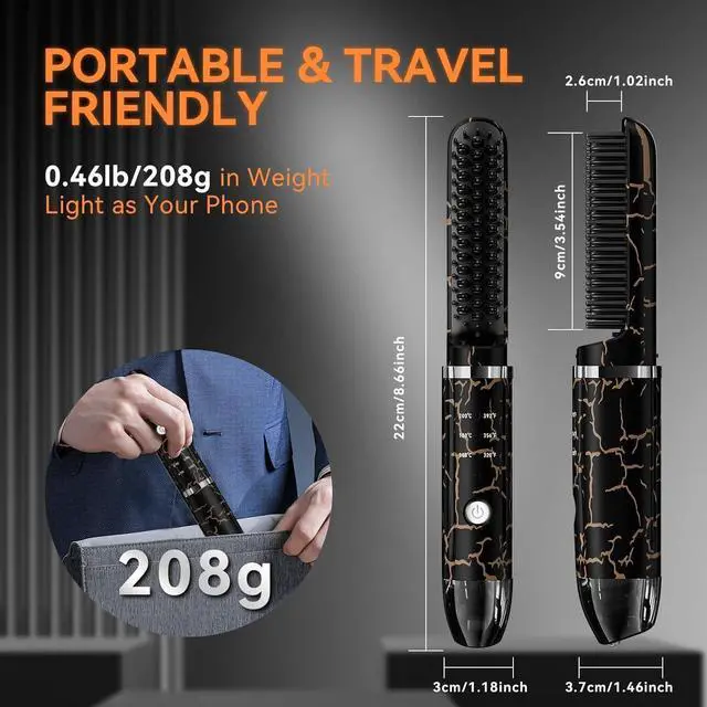 Alt view image 5 of 7 - Beard Straightener for Men, Cordless Heated Beard Brush, Portable Beard Hot Combs, Ionic Mini Hair Straightener with 3 Temp Settings, Coarse Curly Hair Brush, Grooming Kit for Men