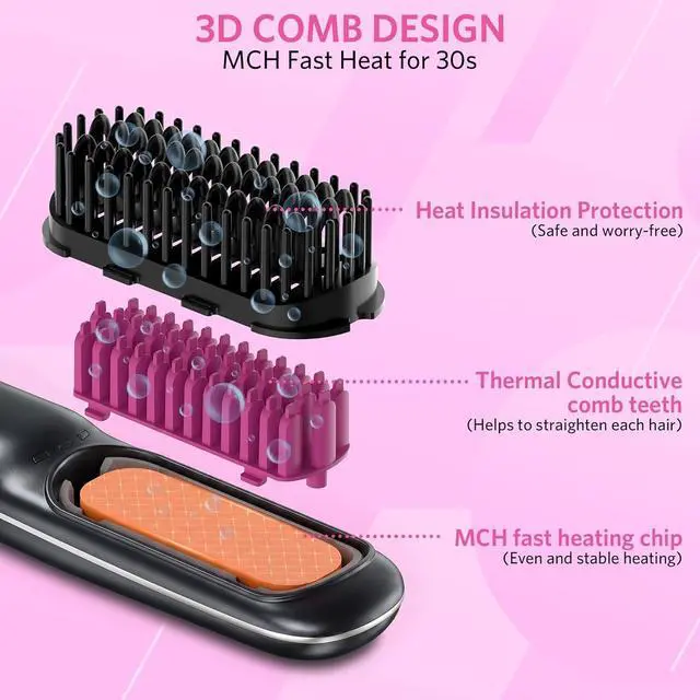 Alt view image 3 of 7 - Hair Straightener Brush for Women, 2-in-1 Hot Comb & Straightening Brush with 9 Temperature Settings, Up to 450 for Frizz-Free, Smooth Hair Perfect for Home, Office & Travel (Grey)