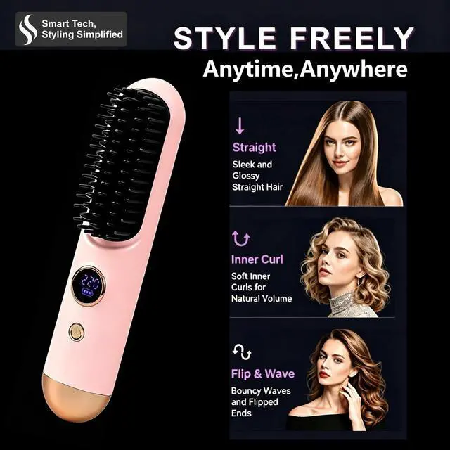 Alt view image 2 of 7 - Cordless Hair Straightener Brush 2026, Mini Portable Flat Iron Comb for Women, Fast Heating with 9 Temperatures for Short Hair (Pink)