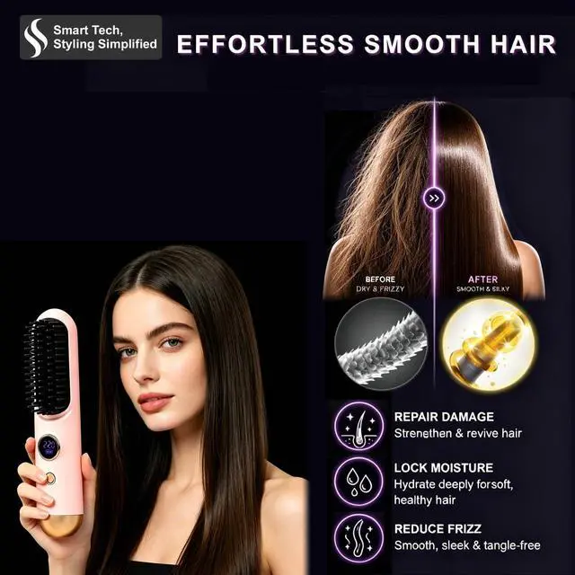 Alt view image 3 of 7 - Cordless Hair Straightener Brush 2026, Mini Portable Flat Iron Comb for Women, Fast Heating with 9 Temperatures for Short Hair (Pink)