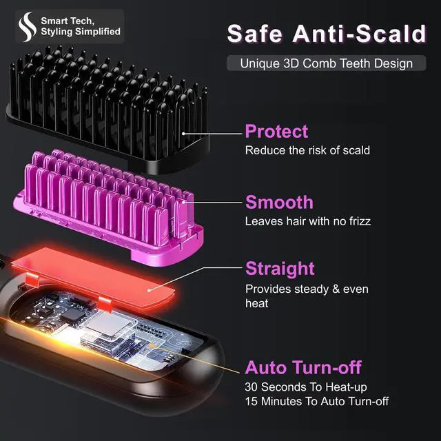 Alt view image 4 of 7 - Cordless Hair Straightener Brush 2026, Mini Portable Flat Iron Comb for Women, Fast Heating with 9 Temperatures for Short Hair (Pink)