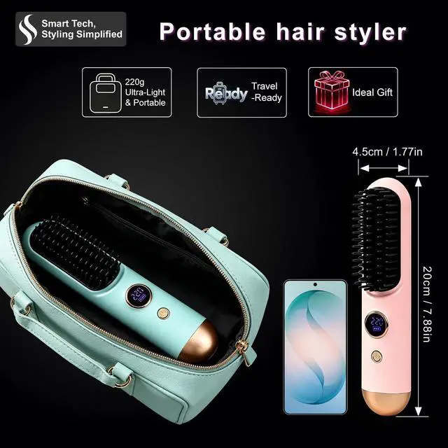 Alt view image 7 of 7 - Cordless Hair Straightener Brush 2026, Mini Portable Flat Iron Comb for Women, Fast Heating with 9 Temperatures for Short Hair (Pink)