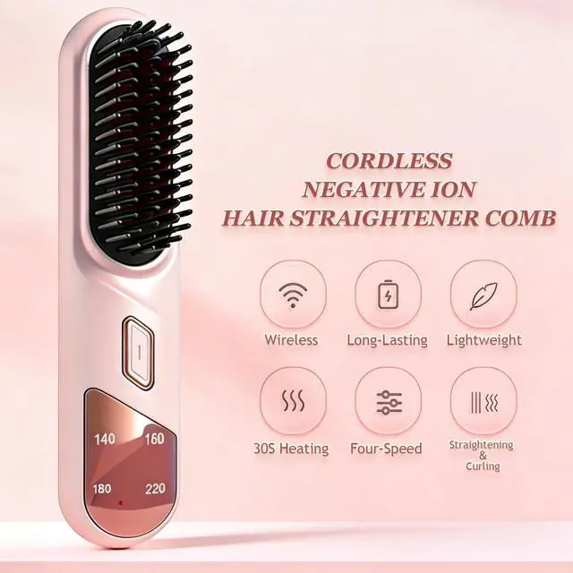 Alt view image 2 of 7 - Portable Cordless Negative Ion Hair Straightener Brush (Black)