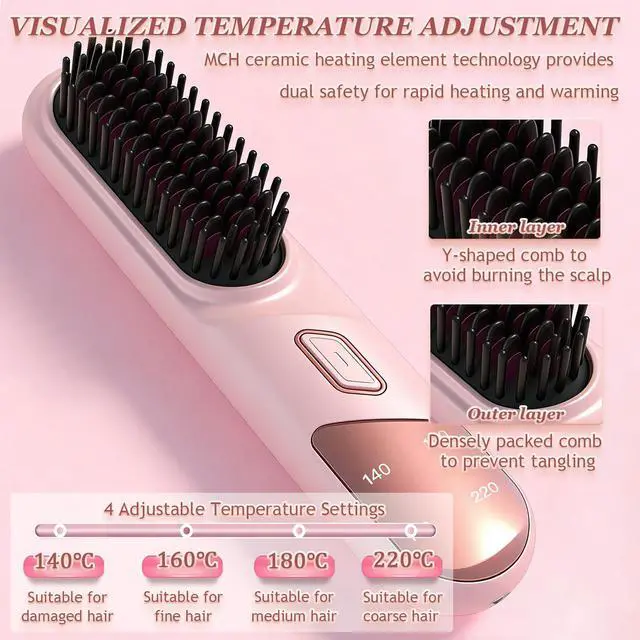 Alt view image 3 of 7 - Portable Cordless Negative Ion Hair Straightener Brush (Black)