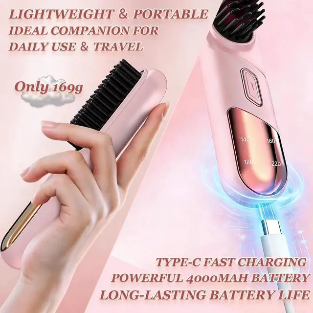 Alt view image 4 of 7 - Portable Cordless Negative Ion Hair Straightener Brush (Black)