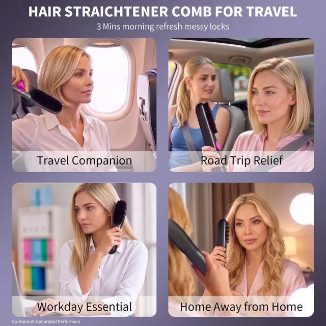 Alt view image 6 of 7 - Go Brush Pro 2026, Portable Hair Straightener Brush, Straightening Comb with 300M Negative Ions, 3 Temps Fast Heating, LED Display Screen, Ionic & Ceramic Care for Daily & Travel