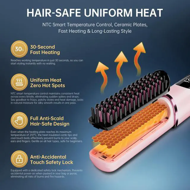 Alt view image 5 of 7 - Cordless Hair Straightener Brush, 2026 Upgraded Portable Straightening Brush for Women Travel, Negative Ionic Anti-Scald Hot Comb, MCH Ceramic Heating, Dual Voltage, 4000mAh Battery 60 Min Runtime