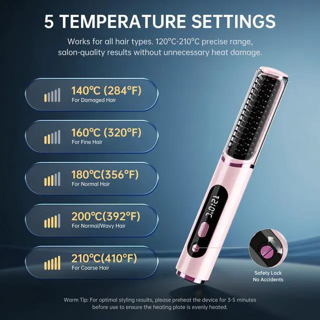 Alt view image 6 of 7 - Cordless Hair Straightener Brush, 2026 Upgraded Portable Straightening Brush for Women Travel, Negative Ionic Anti-Scald Hot Comb, MCH Ceramic Heating, Dual Voltage, 4000mAh Battery 60 Min Runtime
