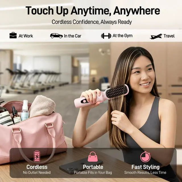 Alt view image 3 of 7 - 3-in-1 Cordless Hair Straightener Brush, Portable Cordless Curling Iron Brush and Flat Iron Heads, Hair Styling Set, USB Rechargeable for On-the-Go Styling, Fast Heat, Travel Friendly, Pink