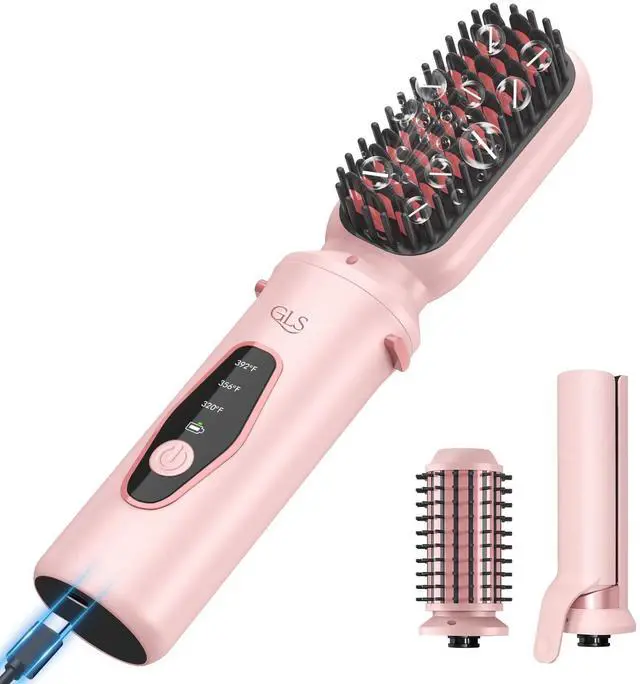 Main image of 3-in-1 Cordless Hair Straightener Brush, Portable Cordless Curling Iron Brush and Flat Iron Heads, Hair Styling Set, USB Rechargeable for On-the-Go Styling, Fast Heat, Travel Friendly, Pink