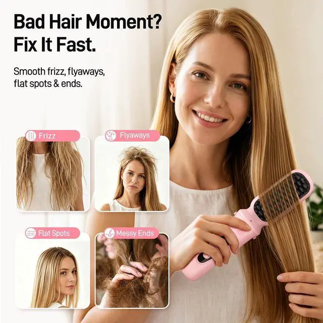 Alt view image 2 of 7 - 3-in-1 Cordless Hair Straightener Brush, Portable Cordless Curling Iron Brush and Flat Iron Heads, Hair Styling Set, USB Rechargeable for On-the-Go Styling, Fast Heat, Travel Friendly, Pink