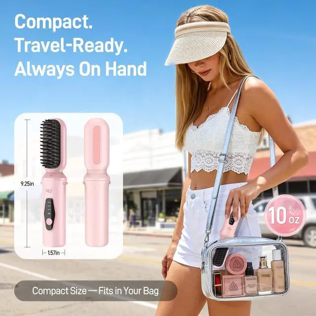 Alt view image 5 of 7 - 3-in-1 Cordless Hair Straightener Brush, Portable Cordless Curling Iron Brush and Flat Iron Heads, Hair Styling Set, USB Rechargeable for On-the-Go Styling, Fast Heat, Travel Friendly, Pink