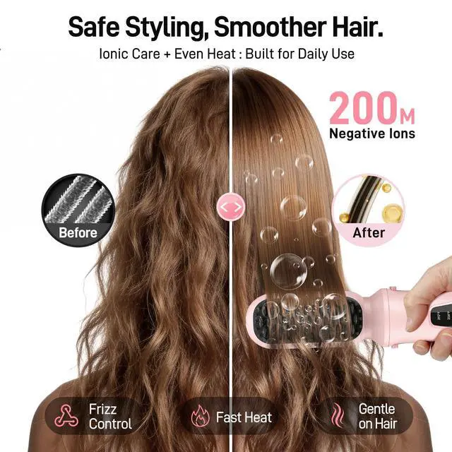 Alt view image 7 of 7 - 3-in-1 Cordless Hair Straightener Brush, Portable Cordless Curling Iron Brush and Flat Iron Heads, Hair Styling Set, USB Rechargeable for On-the-Go Styling, Fast Heat, Travel Friendly, Pink