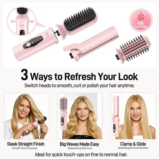 Alt view image 6 of 7 - 3-in-1 Cordless Hair Straightener Brush, Portable Cordless Curling Iron Brush and Flat Iron Heads, Hair Styling Set, USB Rechargeable for On-the-Go Styling, Fast Heat, Travel Friendly, Pink