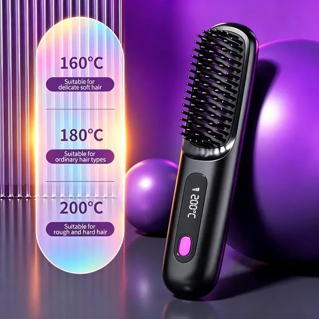 Alt view image 2 of 7 - 2026 Upgraded Go Brush Pro Cordless Hair Straightener Brush,Fast Heating Cordless Mini Hair Brushs with LED Display, 3 Adjustable Temperatures for All Hair Types, Home Travel, Black