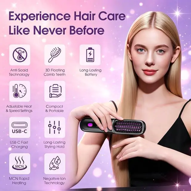 Alt view image 5 of 7 - 2026 Upgraded Go Brush Pro Cordless Hair Straightener Brush,Fast Heating Cordless Mini Hair Brushs with LED Display, 3 Adjustable Temperatures for All Hair Types, Home Travel, Black