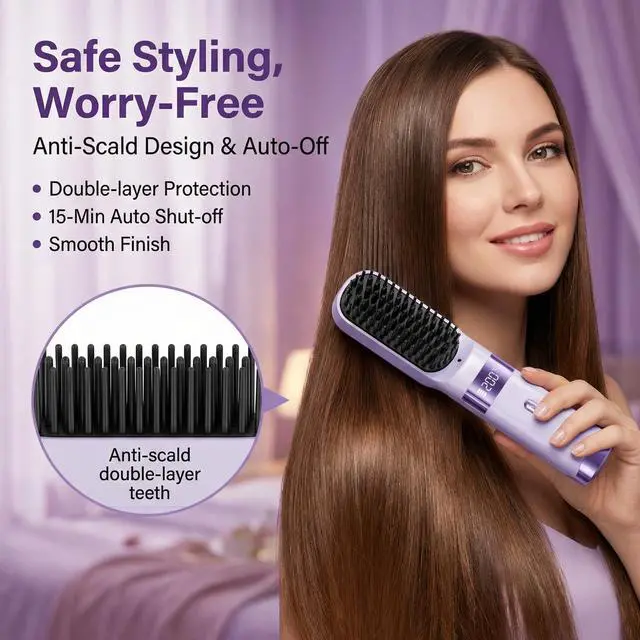 Alt view image 2 of 6 - Cordless Hair Straightener Brush - Portable Fast Heating Styling Comb with 4 Temp Settings, LCD Display & Long Battery Life for Travel-Black