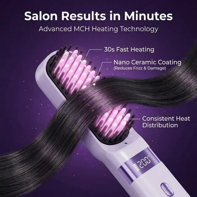 Alt view image 4 of 6 - Cordless Hair Straightener Brush - Portable Fast Heating Styling Comb with 4 Temp Settings, LCD Display & Long Battery Life for Travel-Black