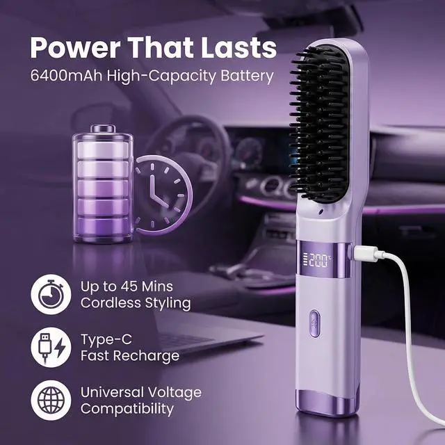 Alt view image 6 of 6 - Cordless Hair Straightener Brush - Portable Fast Heating Styling Comb with 4 Temp Settings, LCD Display & Long Battery Life for Travel-Black