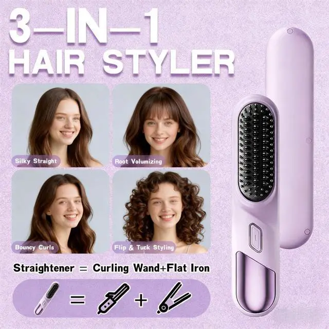 Alt view image 5 of 7 - Cordless Hair Straightener BrushGo Brush Pro for Short Hair with Million Negative Ions, Portable Mini Straightener Flat Iron 4 Temps Fast Heating Ceramic Coating,Hot Comb for Women Travel