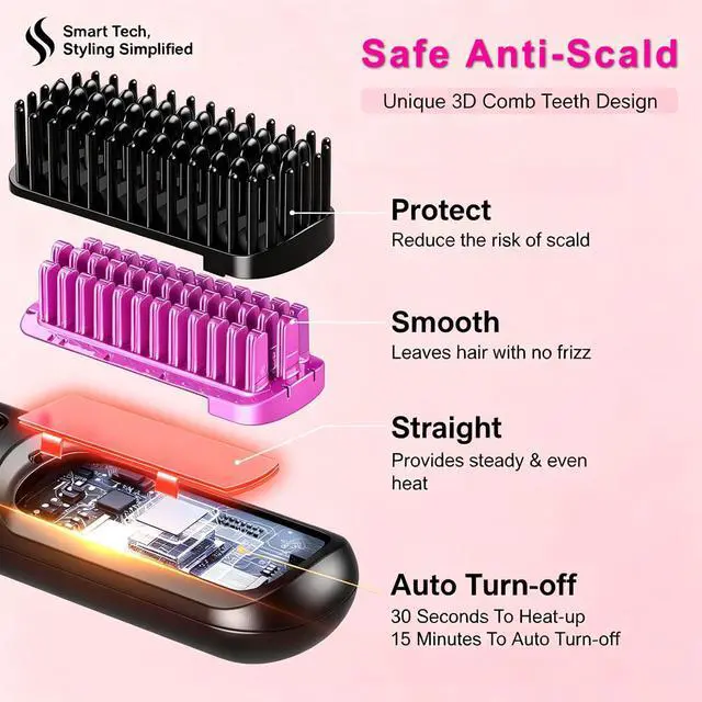 Alt view image 3 of 7 - 2026 Cordless Hair Straightener Brush Mini Hair StraightenerCordless Travel Hair Straightener Brush, Mini Portable Flat Iron Comb for Women