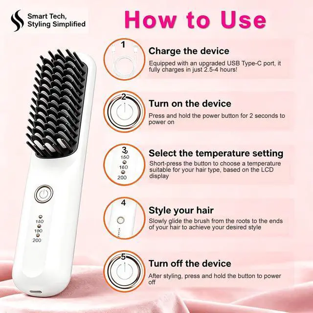 Alt view image 6 of 7 - 2026 Cordless Hair Straightener Brush Mini Hair StraightenerCordless Travel Hair Straightener Brush, Mini Portable Flat Iron Comb for Women