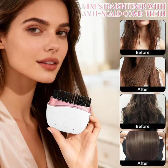 Alt view image 4 of 7 - Mini Hair Straightener, New Rechargeable Wireless Portable Hair Straightener Comb, 2-Speed Temperature Control, Cordless Mini Hair Straightener Brush, Heat-Resistant Shell Travel Comb