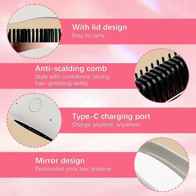 Alt view image 6 of 7 - Mini Hair Straightener, New Rechargeable Wireless Portable Hair Straightener Comb, 2-Speed Temperature Control, Cordless Mini Hair Straightener Brush, Heat-Resistant Shell Travel Comb
