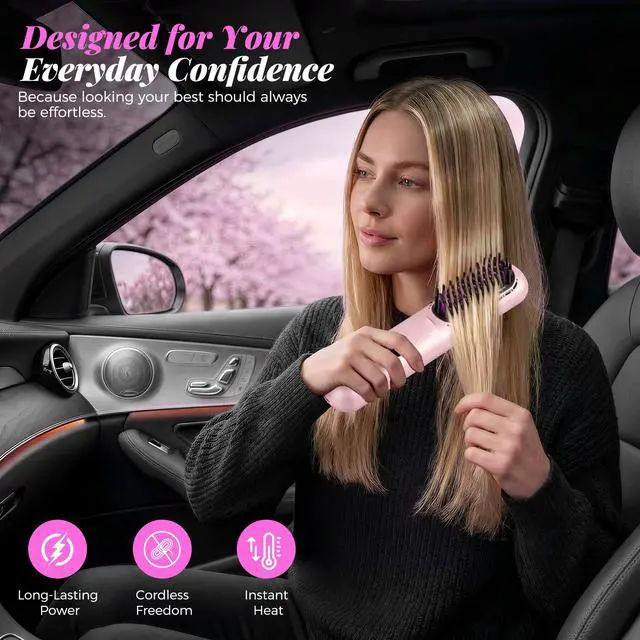 Alt view image 2 of 7 - Go Brush Pro 2026, Cordless Hair Straightener Brush, Mini Hair Straightener with 3 Temperature Settings, Portable Hair Straightener Brush with MCH Heating and Ionic & Ceramic Care for Women (Pink)