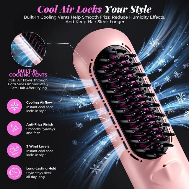 Alt view image 3 of 7 - Go Brush Pro 2026, Cordless Hair Straightener Brush, Mini Hair Straightener with 3 Temperature Settings, Portable Hair Straightener Brush with MCH Heating and Ionic & Ceramic Care for Women (Pink)