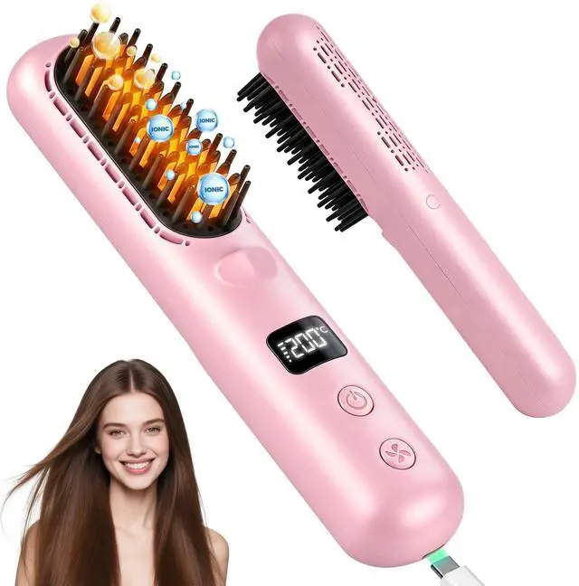 Main image of Go Brush Pro 2026, Cordless Hair Straightener Brush, Mini Hair Straightener with 3 Temperature Settings, Portable Hair Straightener Brush with MCH Heating and Ionic & Ceramic Care for Women (Pink)