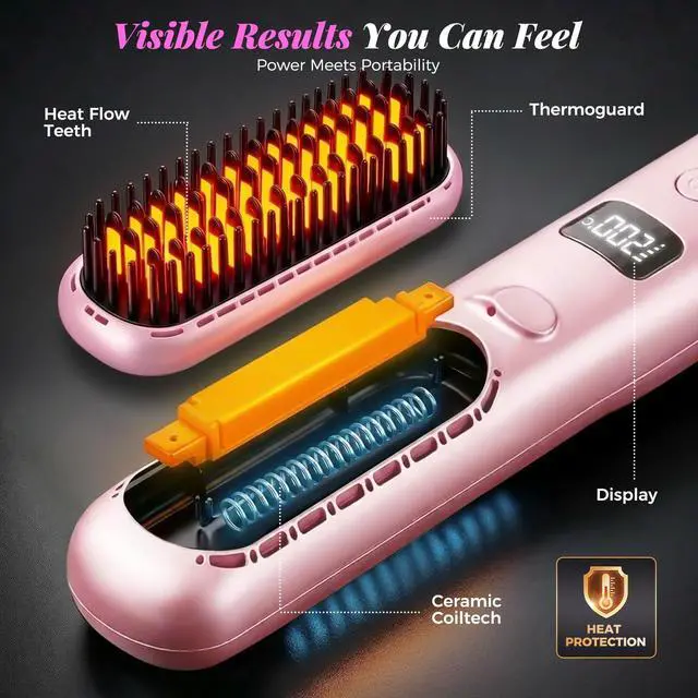 Alt view image 4 of 7 - Go Brush Pro 2026, Cordless Hair Straightener Brush, Mini Hair Straightener with 3 Temperature Settings, Portable Hair Straightener Brush with MCH Heating and Ionic & Ceramic Care for Women (Pink)