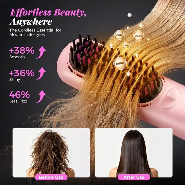 Alt view image 7 of 7 - Go Brush Pro 2026, Cordless Hair Straightener Brush, Mini Hair Straightener with 3 Temperature Settings, Portable Hair Straightener Brush with MCH Heating and Ionic & Ceramic Care for Women (Pink)