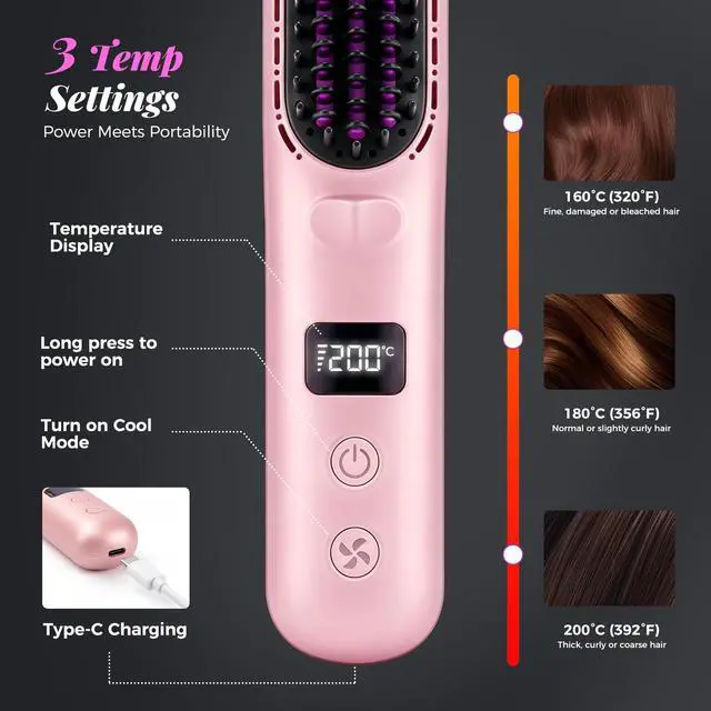 Alt view image 5 of 7 - Go Brush Pro 2026, Cordless Hair Straightener Brush, Mini Hair Straightener with 3 Temperature Settings, Portable Hair Straightener Brush with MCH Heating and Ionic & Ceramic Care for Women (Pink)