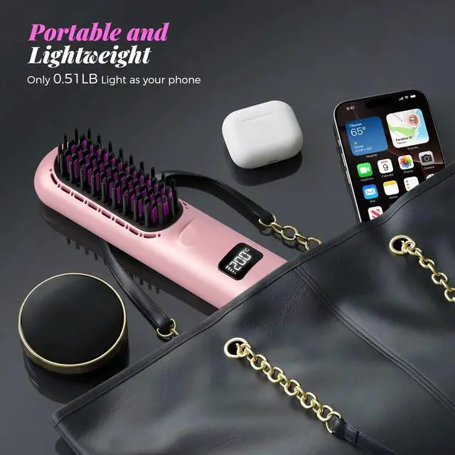 Alt view image 6 of 7 - Go Brush Pro 2026, Cordless Hair Straightener Brush, Mini Hair Straightener with 3 Temperature Settings, Portable Hair Straightener Brush with MCH Heating and Ionic & Ceramic Care for Women (Pink)