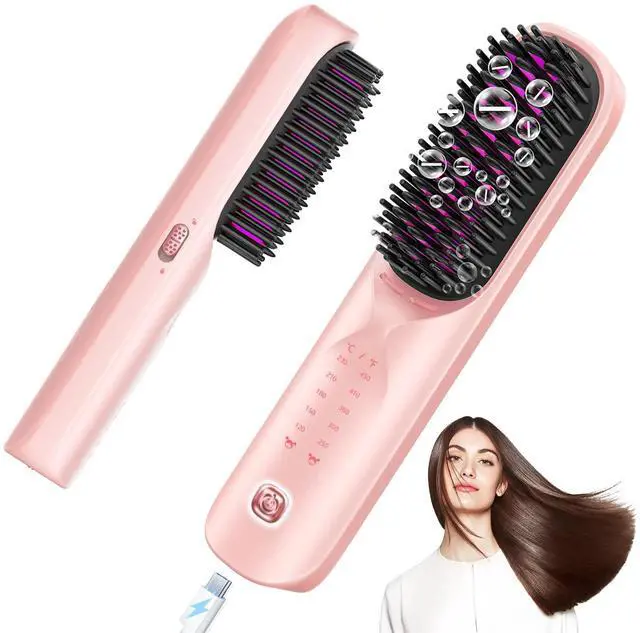 Main image of Cordless Hair Straightener Brush - Portable Hair Straightening Brush for Travel - 300M Negative Ions for Frizz-Free Shine, Touch Up On-The-Go, Fast Heating, Gift for Women, 10,000mAh, Powder Pink