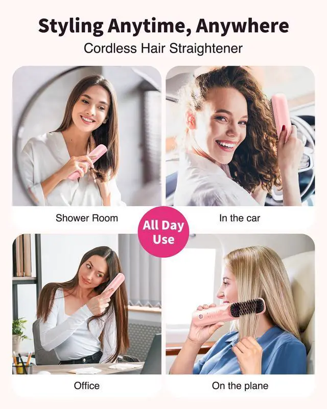 Alt view image 2 of 7 - Cordless Hair Straightener Brush - Portable Hair Straightening Brush for Travel - 300M Negative Ions for Frizz-Free Shine, Touch Up On-The-Go, Fast Heating, Gift for Women, 10,000mAh, Powder Pink