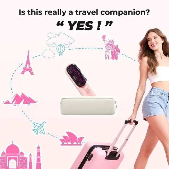 Alt view image 3 of 7 - Cordless Hair Straightener Brush - Portable Hair Straightening Brush for Travel - 300M Negative Ions for Frizz-Free Shine, Touch Up On-The-Go, Fast Heating, Gift for Women, 10,000mAh, Powder Pink