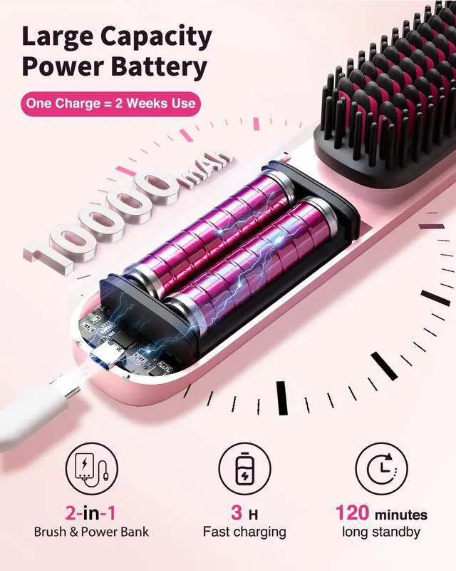 Alt view image 5 of 7 - Cordless Hair Straightener Brush - Portable Hair Straightening Brush for Travel - 300M Negative Ions for Frizz-Free Shine, Touch Up On-The-Go, Fast Heating, Gift for Women, 10,000mAh, Powder Pink