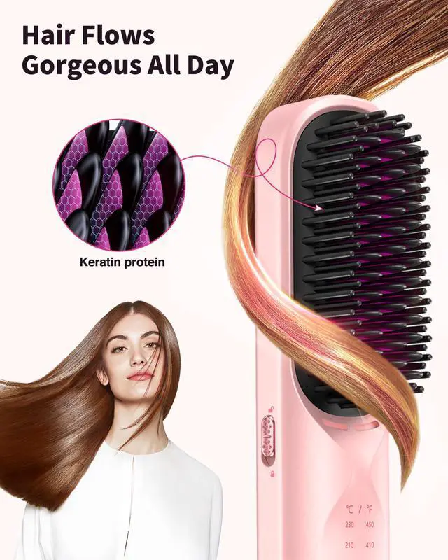 Alt view image 6 of 7 - Cordless Hair Straightener Brush - Portable Hair Straightening Brush for Travel - 300M Negative Ions for Frizz-Free Shine, Touch Up On-The-Go, Fast Heating, Gift for Women, 10,000mAh, Powder Pink