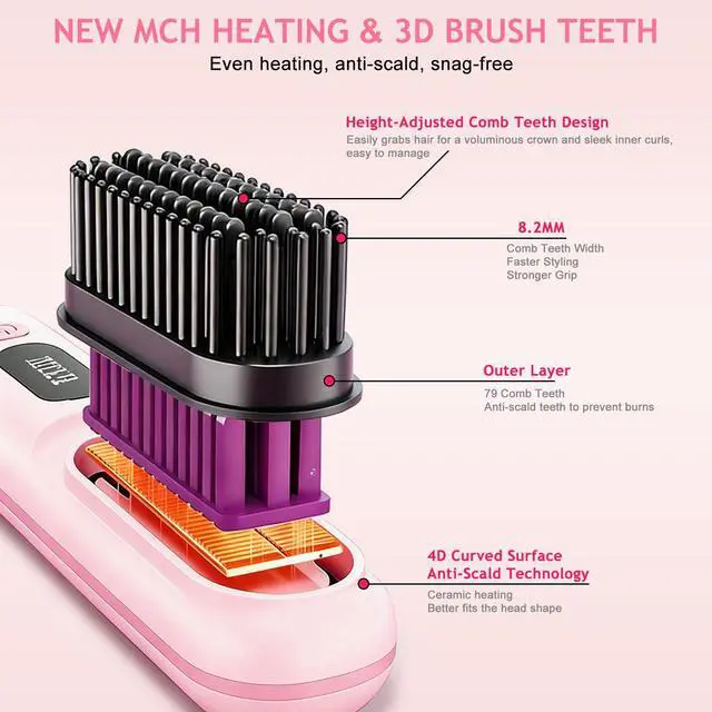 Alt view image 5 of 7 - New Go Brush Pro 2026 Cordless Hair Straightener Brush, 199M Ionic, 1-MIN Fast Heat,79 Teeth for MCH Salon Smoothness, 4000mAh 40-Min Runtime, 3-Temp&Travel, Auto Shut-Off