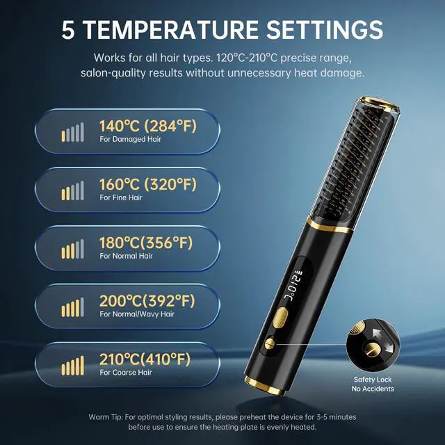 Alt view image 6 of 7 - Cordless Hair Straightener Brush, 2026 Upgraded Portable Straightening Brush for Women Travel, Negative Ionic Anti-Scald Hot Comb, MCH Ceramic Heating, Dual Voltage, 4000mAh Battery 60 Min Runtime
